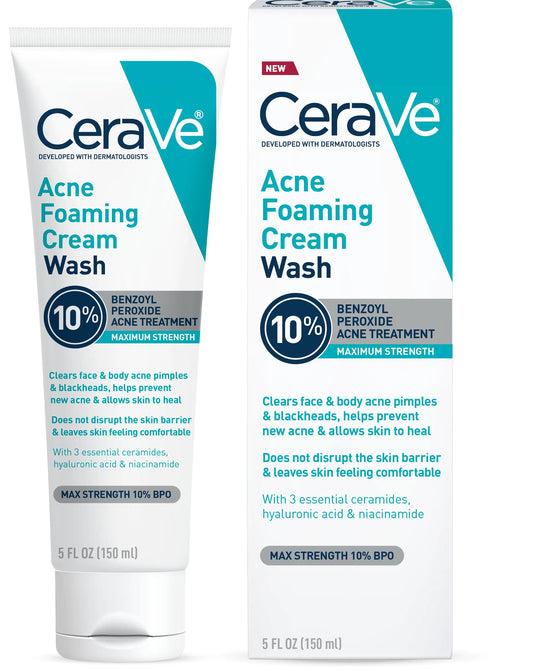 CeraVe Acne Foaming Cream Wash Gentle Face and Body Cleanser with Benzoyl Peroxide 10% Hyaluronic Acid and Niacinamide 10% Benzoyl Peroxide Treatment Clears Pimples and Blackheads 5 Oz